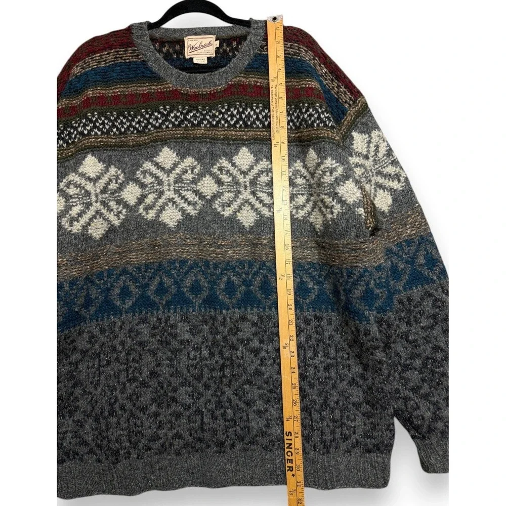 Woolrich Sweater Mens XL Multi Fair Isle Snowflake Handknit Wool Silk Blend Crew